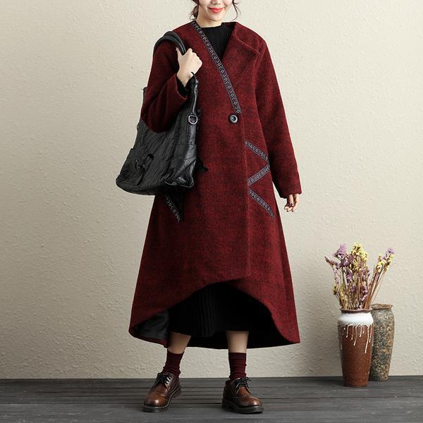 Women Autumn Winter Button-Front Applique Irregular Long Sleeve Coat