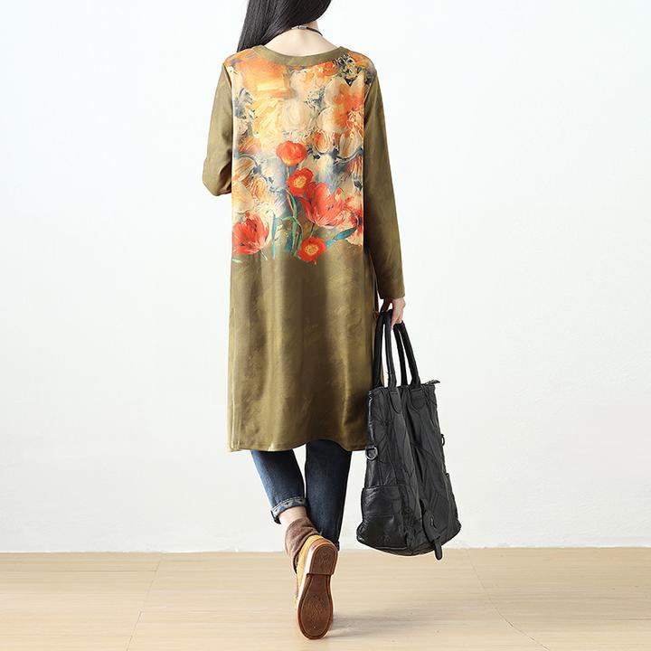 Women Printing Retro Pockets Long Sleeve Dress