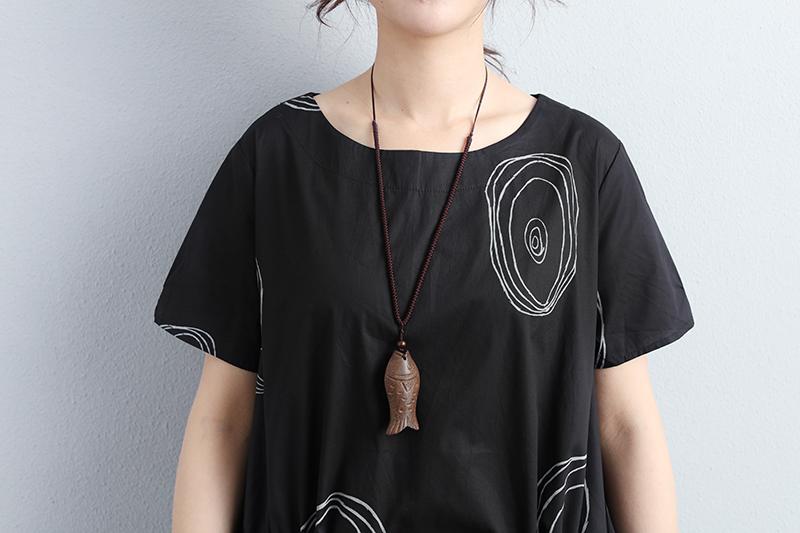 Women Summer Short Sleeve Draw-string Black Dress