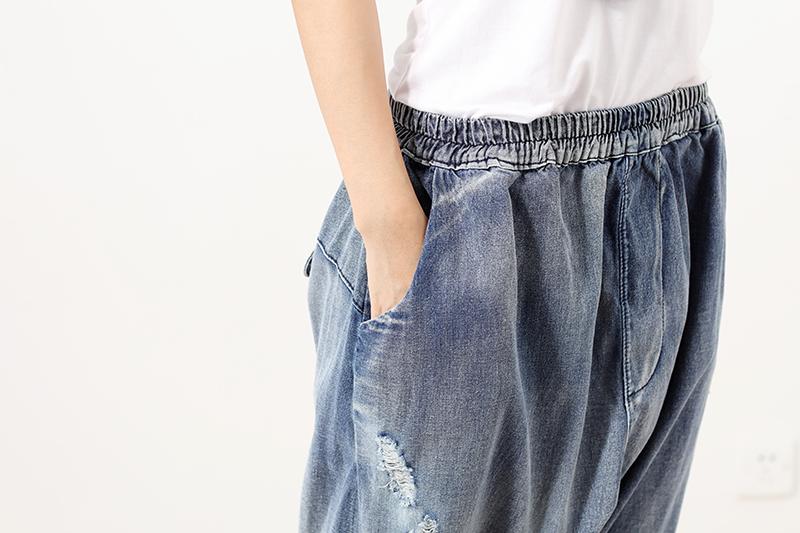 Fashionable Punk Hole Cotton Dark Blue Women Pants