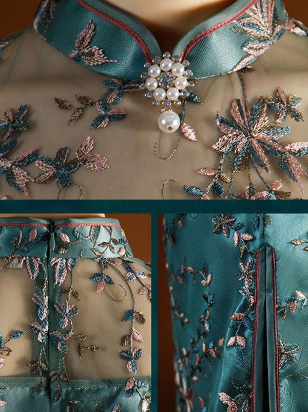 Vintage Tie-Dyed Hollow Beaded Split-Side Stand Collar Silk Cheongsam