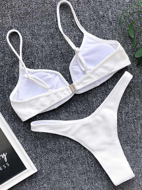 Plain V Wired Ribbed Thong Bikini Swimsuit