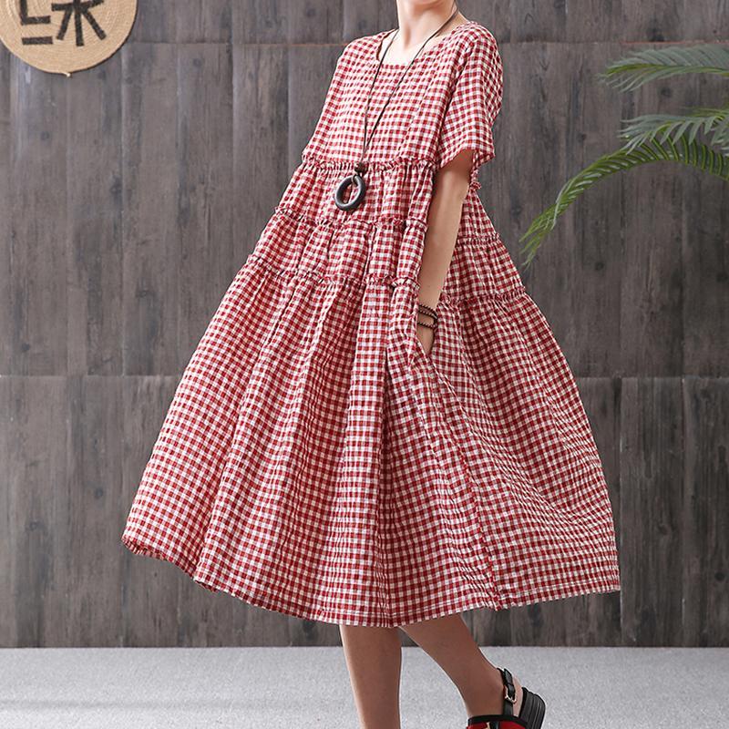Cotton Linen Short Sleeve Plaid Dress