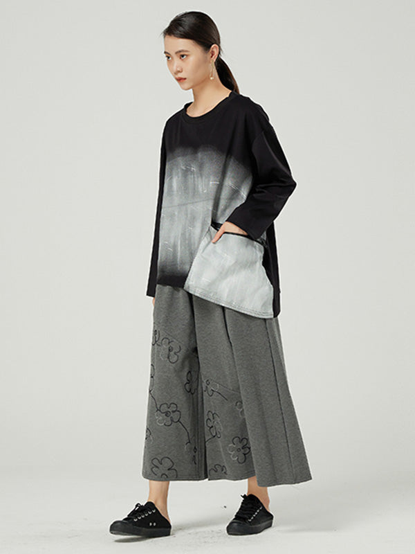 Original Asymmetric Split-Joint Gradient Round-Neck Long Sleeves T-Shirt Tops