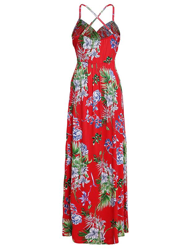 V-neck Backless Floral Printed Maxi Dress