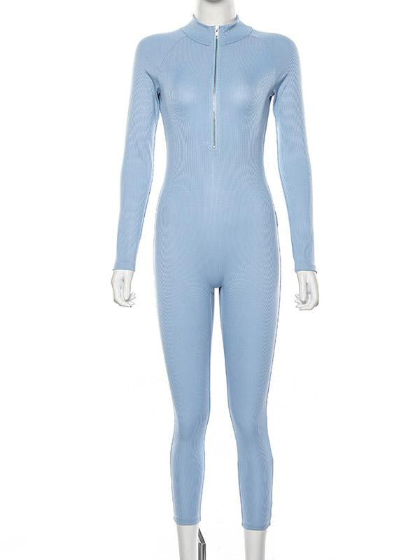 Lift-hip Solid Zipper Jumpsuits