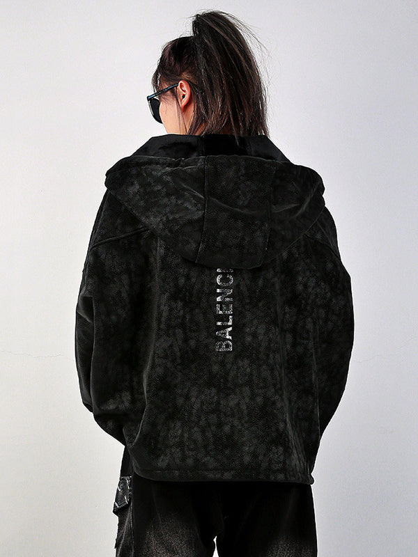 Cool Loose Long Sleeves Letter Print Keep Warm Zipper Hooded Outerwear