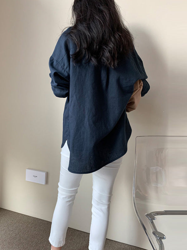 Urban Ramie Cotton Solid Color Lapel Long Sleeves Blouse