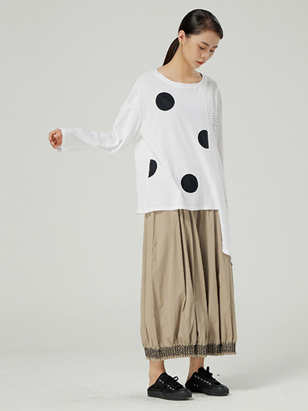 Stylish Asymmetric Polka-Dot Round-Neck Long Sleeves T-Shirt Tops