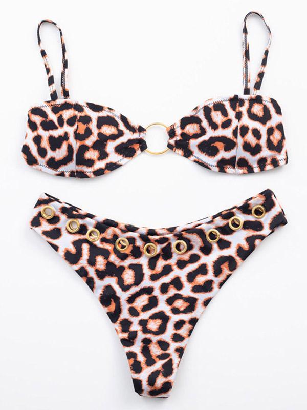 Leopard Print Hollow Split Bikini Swimsuit