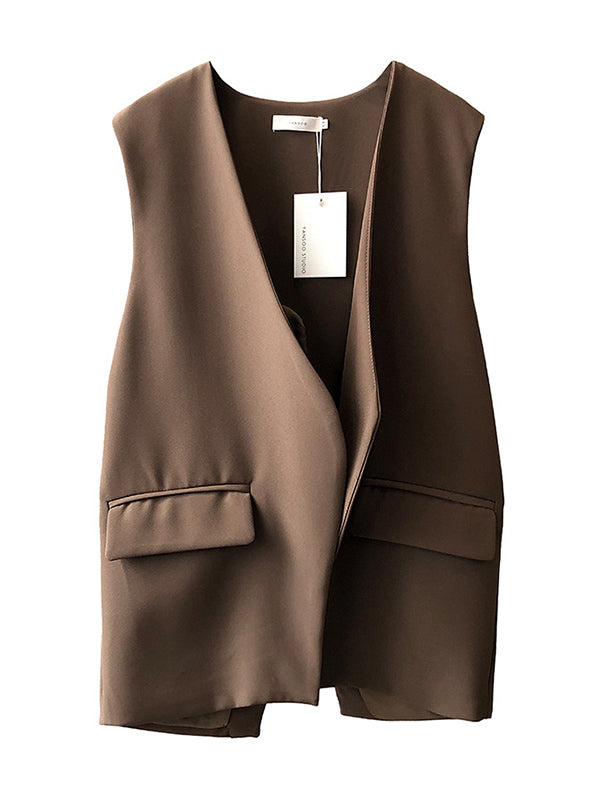 Urban Solid Color Split-Joint With Pocket Split-Back V-Neck Sleeveless Vest Outwear