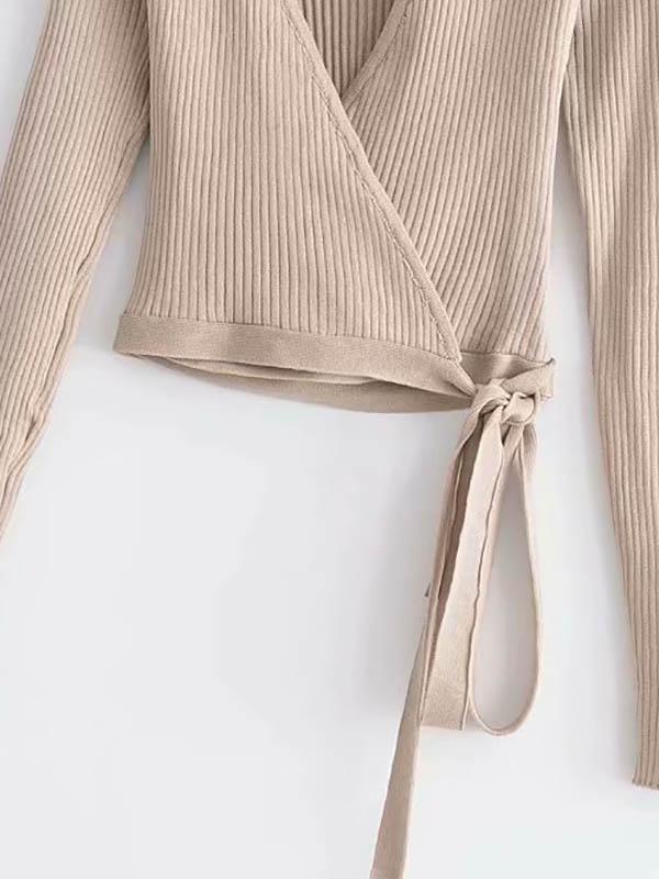 Solid Wrap V-Neck Sweater Tops