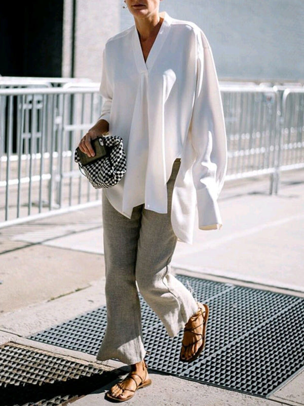 Urban Loose White Split-Side Long Sleeves V-Neck Shirts