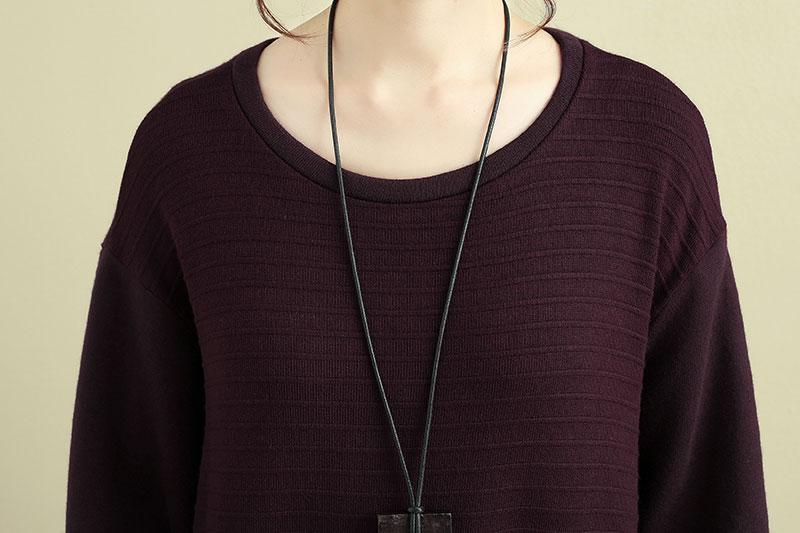 Women Casual Long Sleeve Pockets Stripe Wine Red Dress