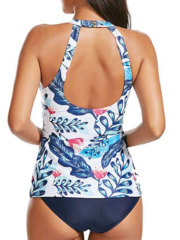 Printed Top With Plain Panty Tankini Swimsuit