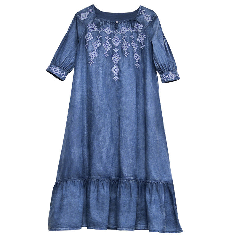 Spring Big size Casual Vintage Autumn Elegant embroidery Loose Female A-line Denim Long Dress