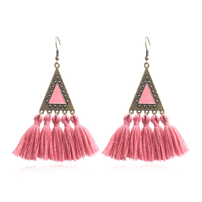 National wool tassel long earrings