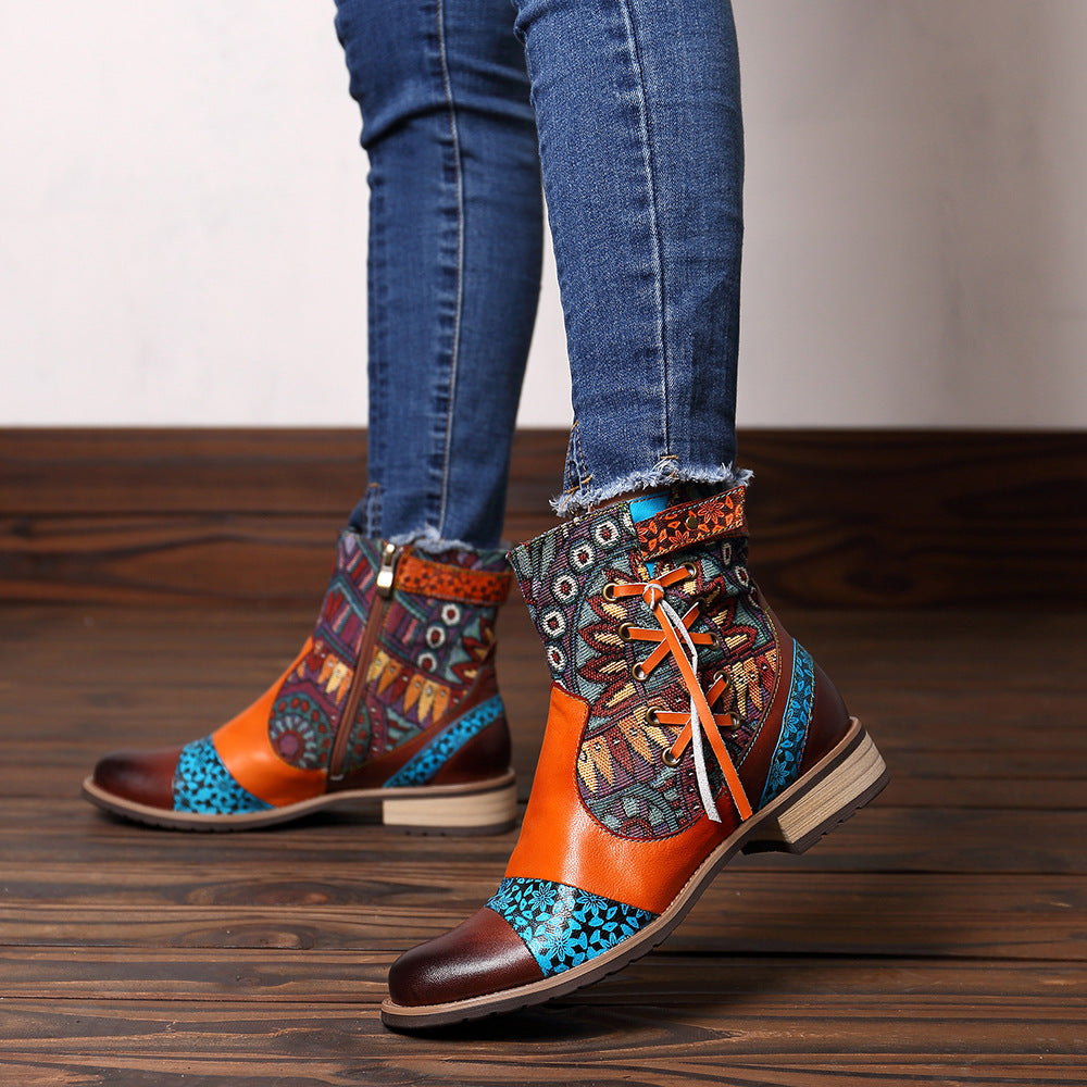 Printed leather midheel jeans boots