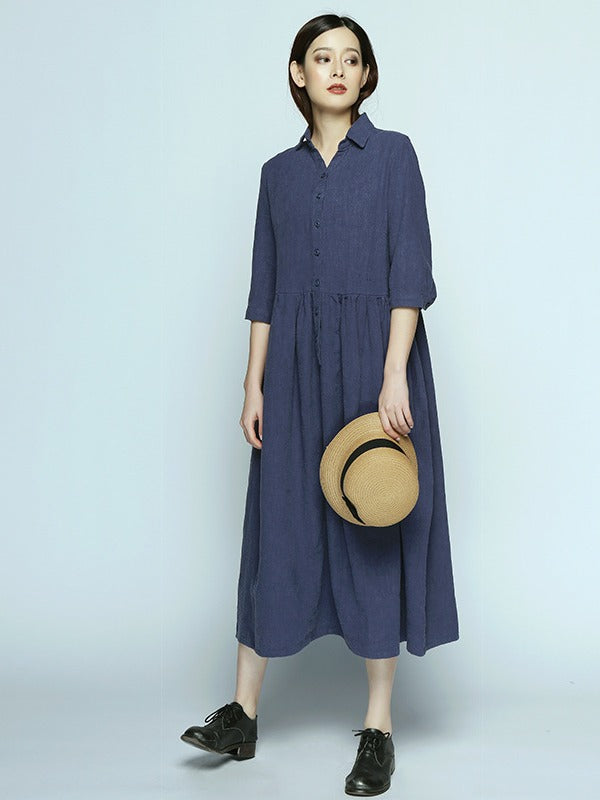 Simple Casual Half Sleeve Ramie Cotton Long Dress