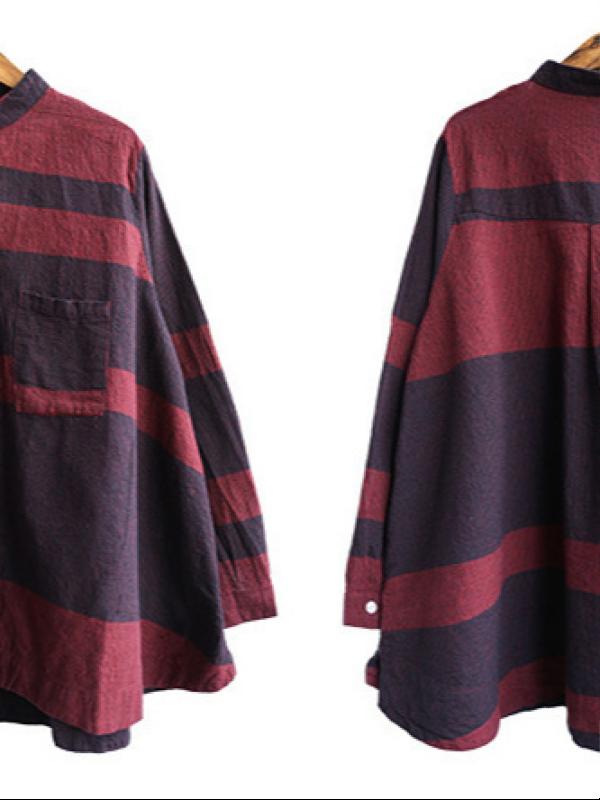 Ramie Cotton Split-joint Striped Shirt