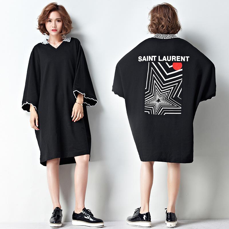 Loose Plus Size Split-Joint Black Midi Dress