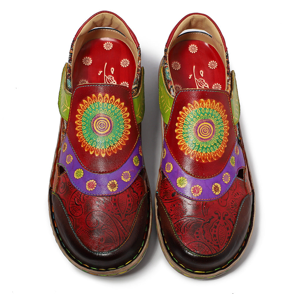 Leather Handmade Flower Retro Flat-soled Casual Sandals