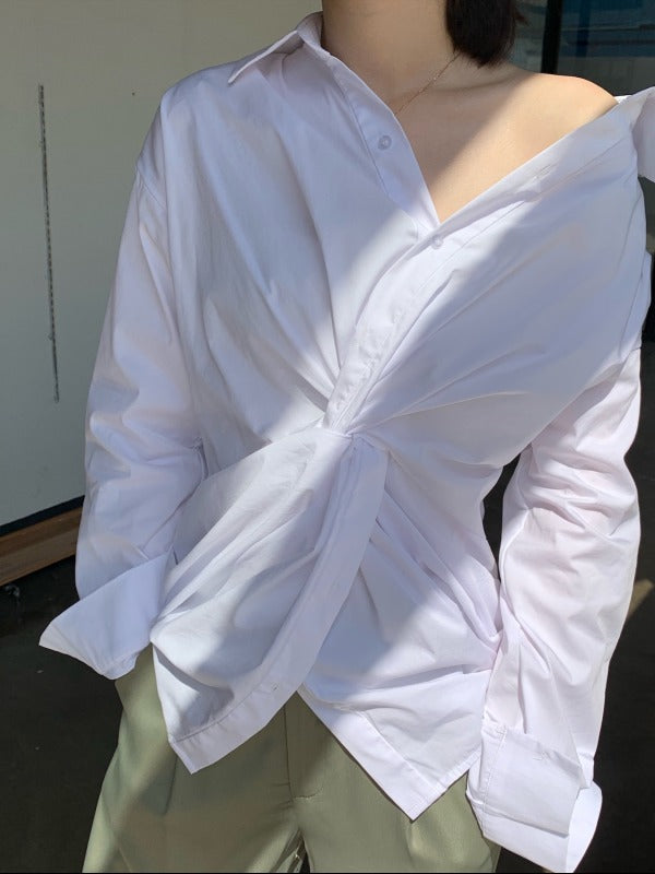 White Loose Cross-Over Cropped V-Neck Shirt