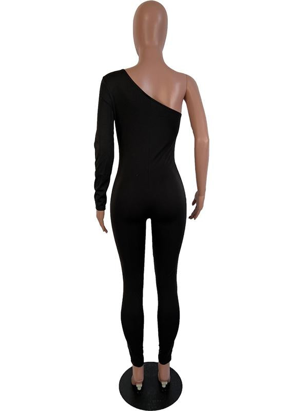 Sexy Solid Color One-Shoulder Long Sleeves Sports Jumpsuits