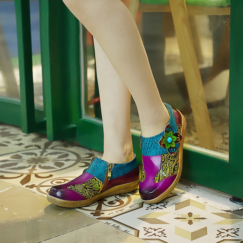 Outdoor all leather hand retro contrast soft flat shoes