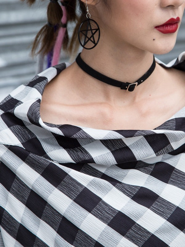 PLAID PUFF SLEEVES V-NECK SHIRT