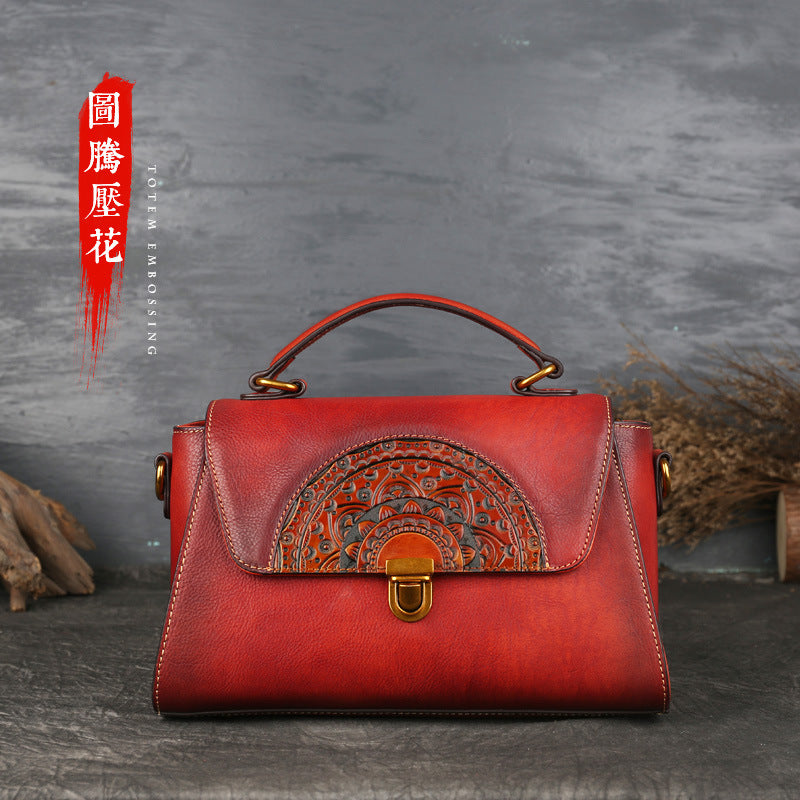 WOMEN GENUINE LEATHER VINTAGE TOTEM DESIGNER HANDBAG SHOULDER BAG