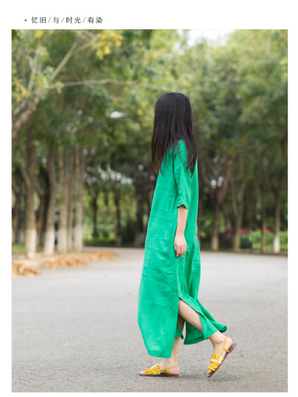 RETRO SOLID RAMIE COTTON SPLIT-SIDE MAXI DRESS