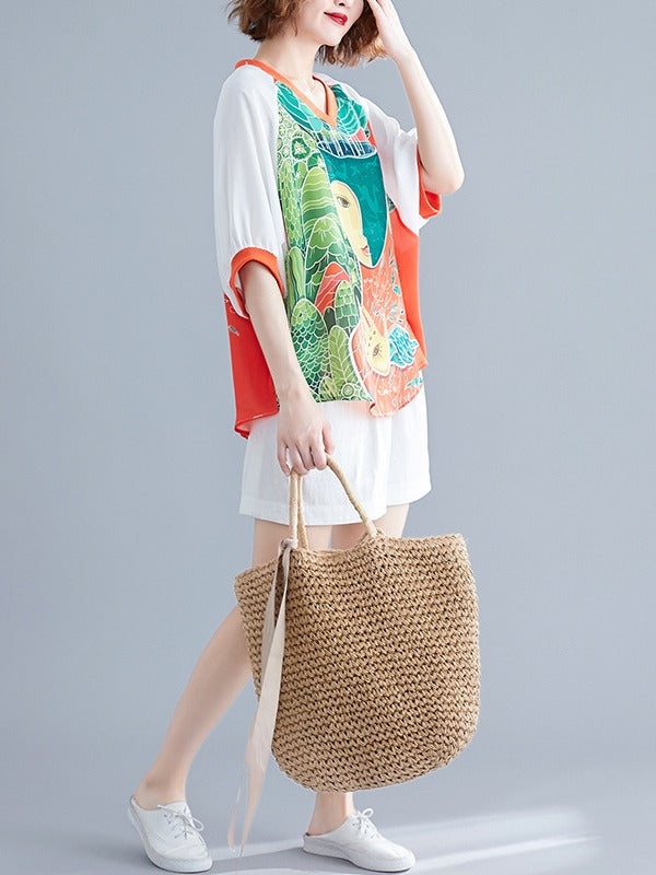 LOOSE CARTOON PRINTED V-NECK T-SHIRTS