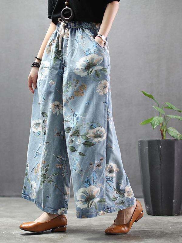 FLOWER PRINT HIGH-WAIST WIDE-LEG JEAN PANTS