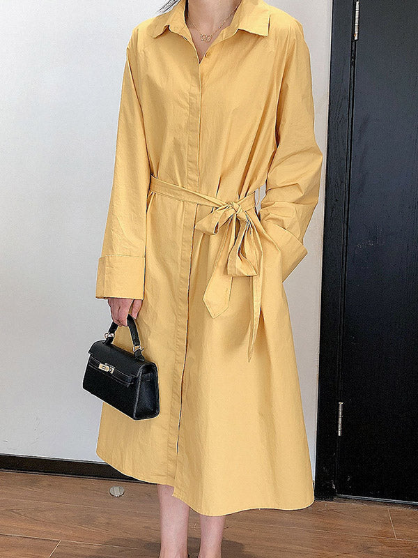 Casual Loose 3 Colors Buttoned Tied Lapel Collar Long Sleeves Midi Shirt Dress