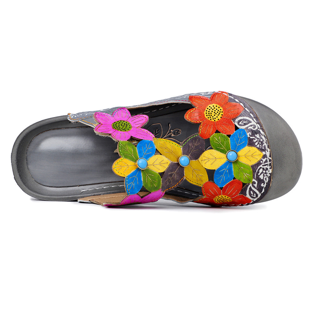 Leather flower pattern retro Ping sandals
