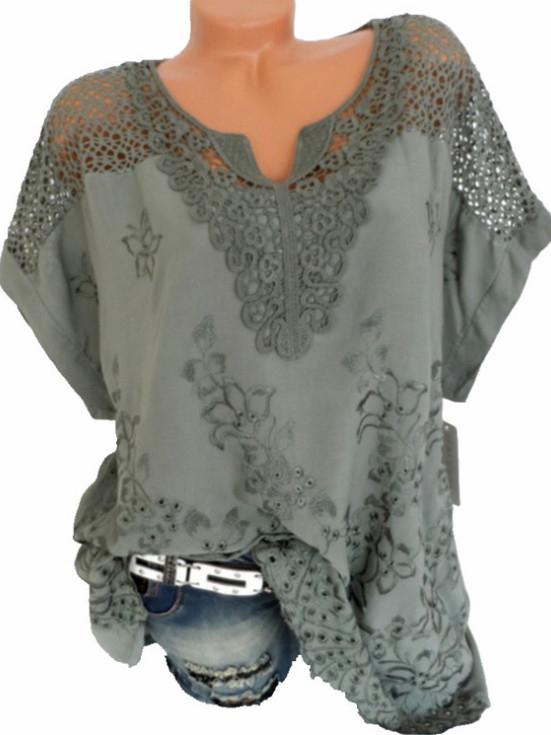 5 Colors Lace V-Neck Embroidered Batwing Coat with Short Sleeves