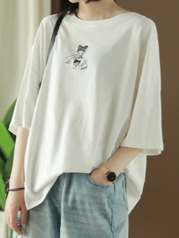 Loose Casual Printed Long Sleeve Round Neck T-Shirt