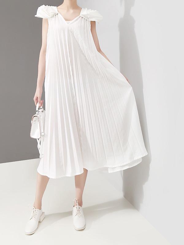 Fashion Solid Petal Sleeve Pleats Dress