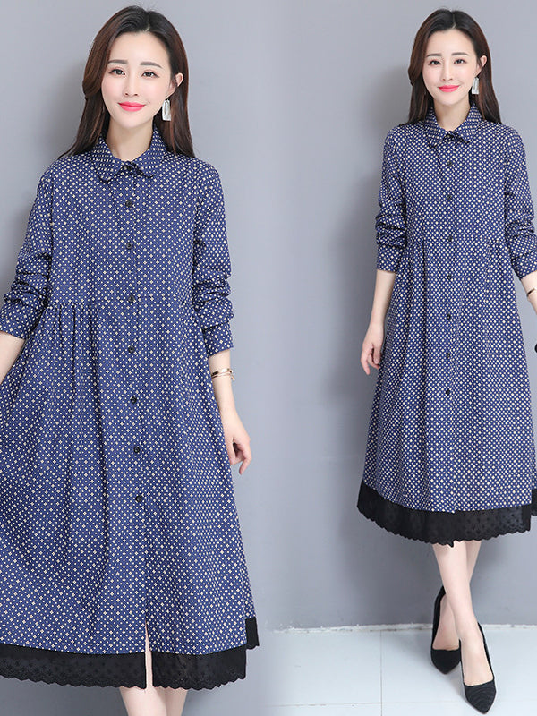 Printed Twist Shirt Lapel Midi Dress