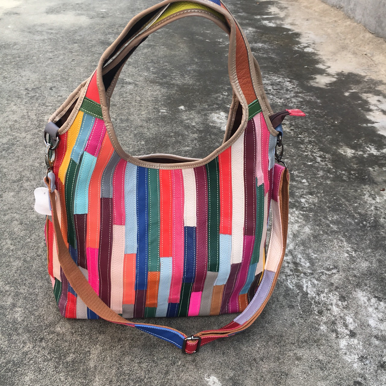 Leather women's bag, one shoulder messenger bag, leather stripe splicing color bag