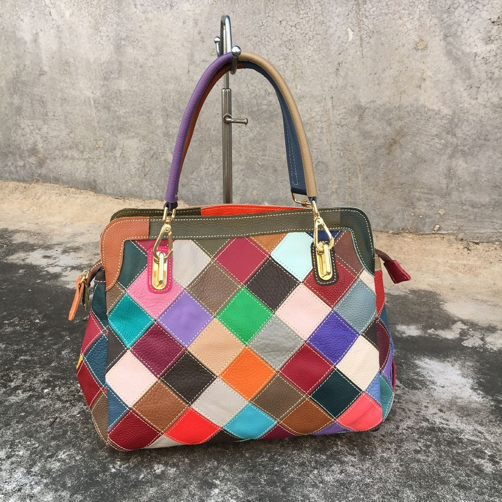 Leather color matching cow leather bag women's bag