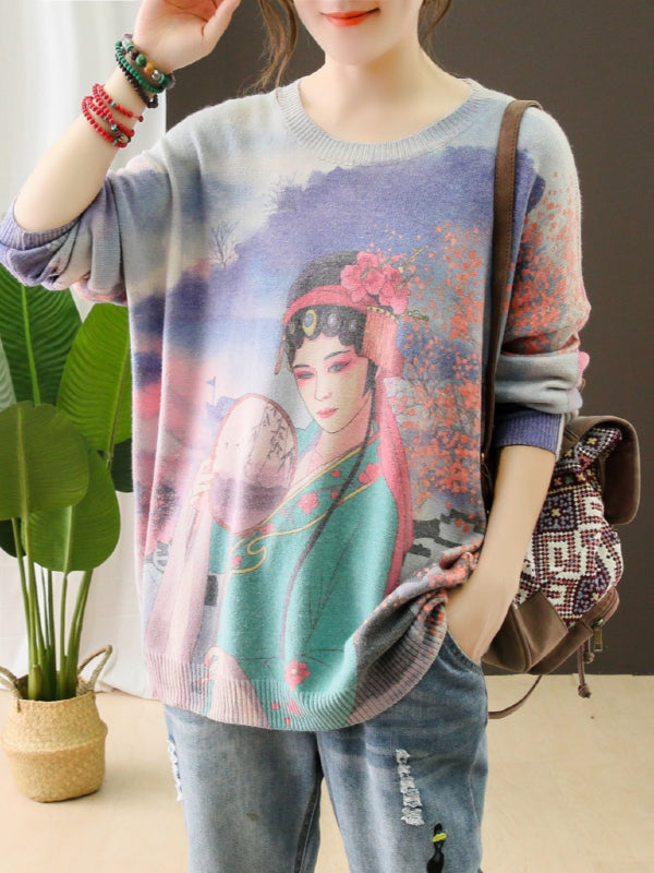 VINTAGE OPERA FIGURE PRINTED ROUND-NECK SWEATER