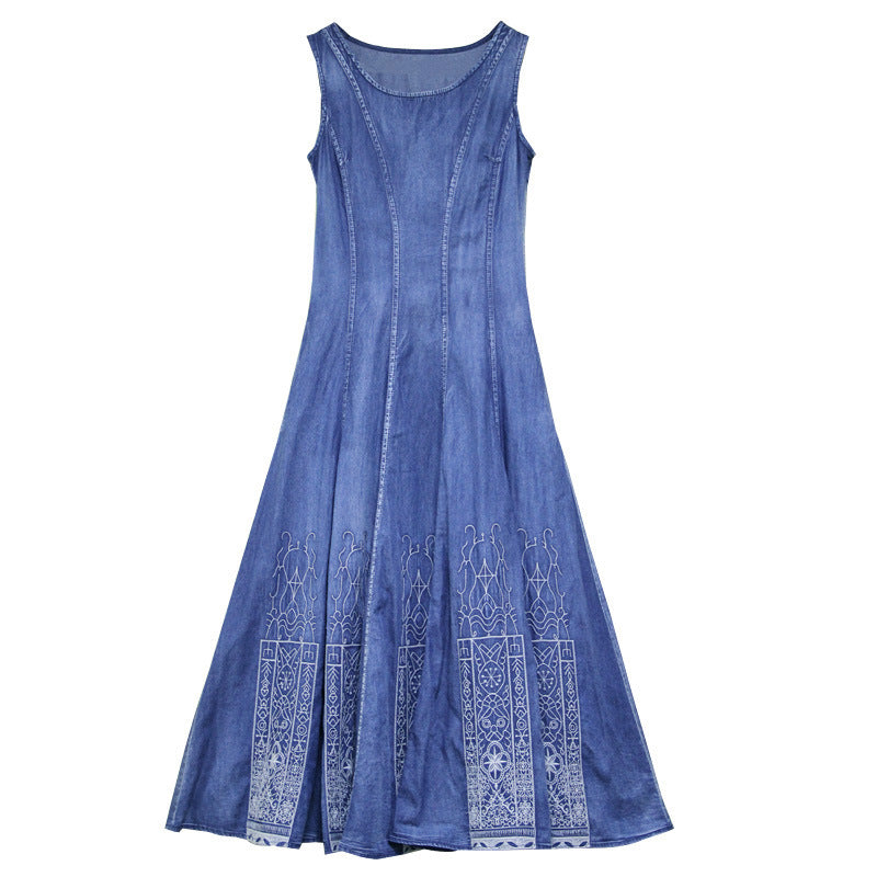 Summer new round neck vest dress retro embroidery slim denim dress