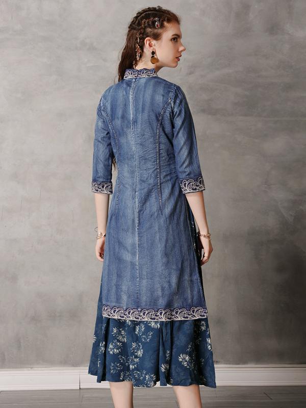 Retro Embroidered Split-joint Denim Dress
