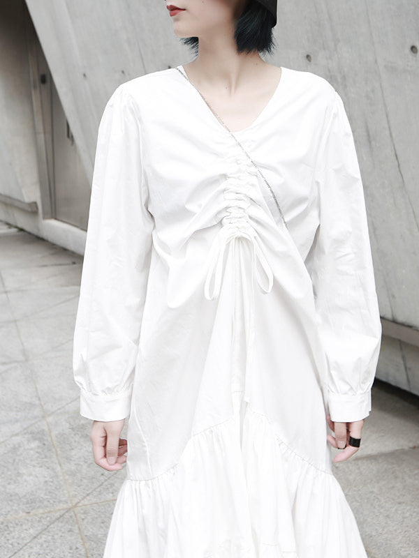 SOLID RUFFLED CROPPED DRAWSTRING HEMLINE MIDI DRESS