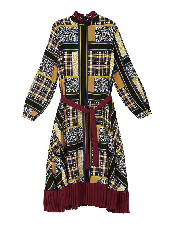 Vintage Printed Bandage Pleated Midi Dress