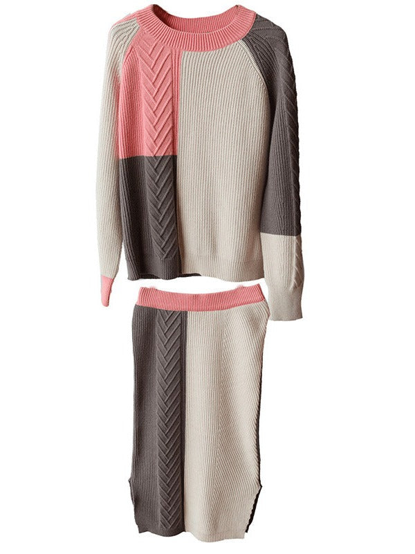 CASUAL CONTRAST COLOR KNITTING SWEATER&SKIRT SUITS