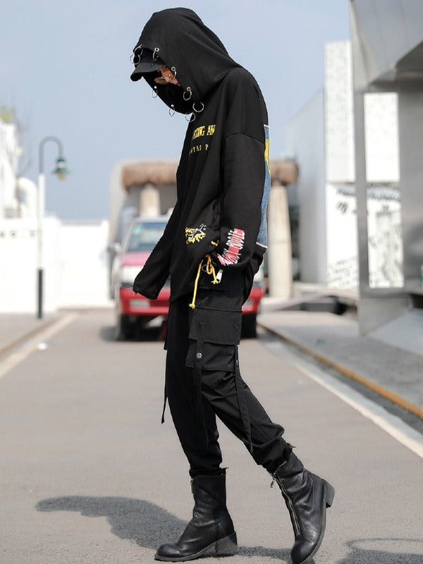 Stylish Loose Cropped Hollow Print Iron Ring Hoodie