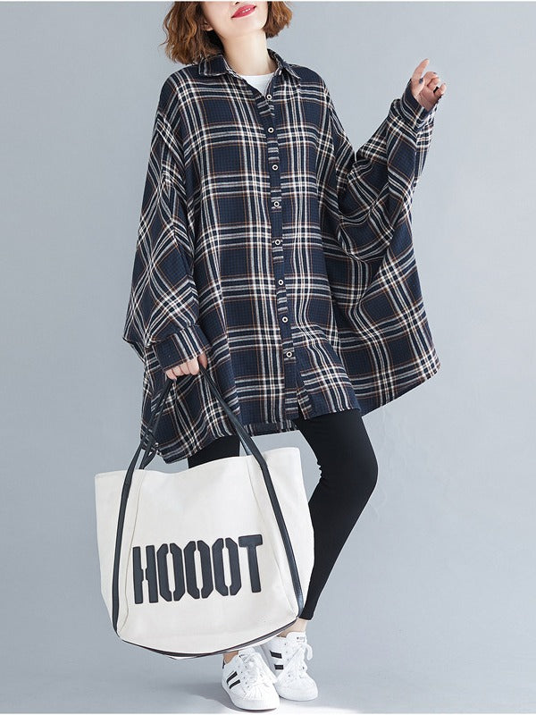 Casual Plaid Batwing Sleeves Lapel Shirt
